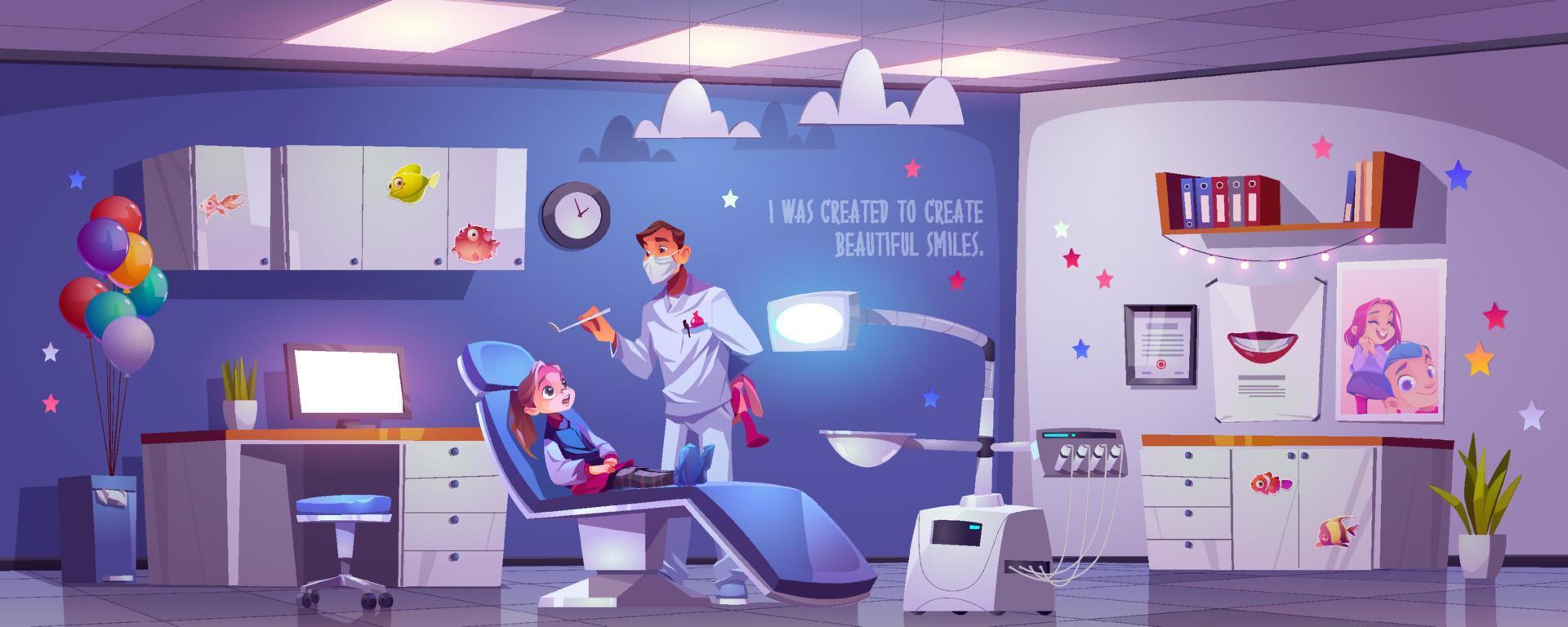 tandheelkundig kamer voor kinderen met meisje in stoel en dokter vector