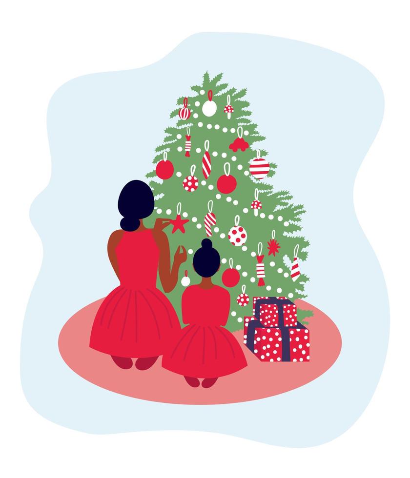 Afrikaanse moeder en dochter zittend in voorkant van Kerstmis boom. Kerstmis groet kaart vector. tekenfilm vector illustratie. afro Amerikaans familie.