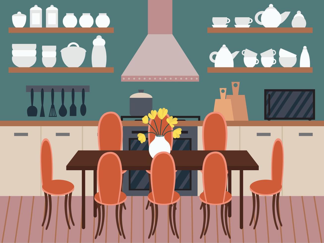 vlak stijl keuken interieur ontwerp. knus keuken met groot dining tafel, reeks kap en kookplaat vector