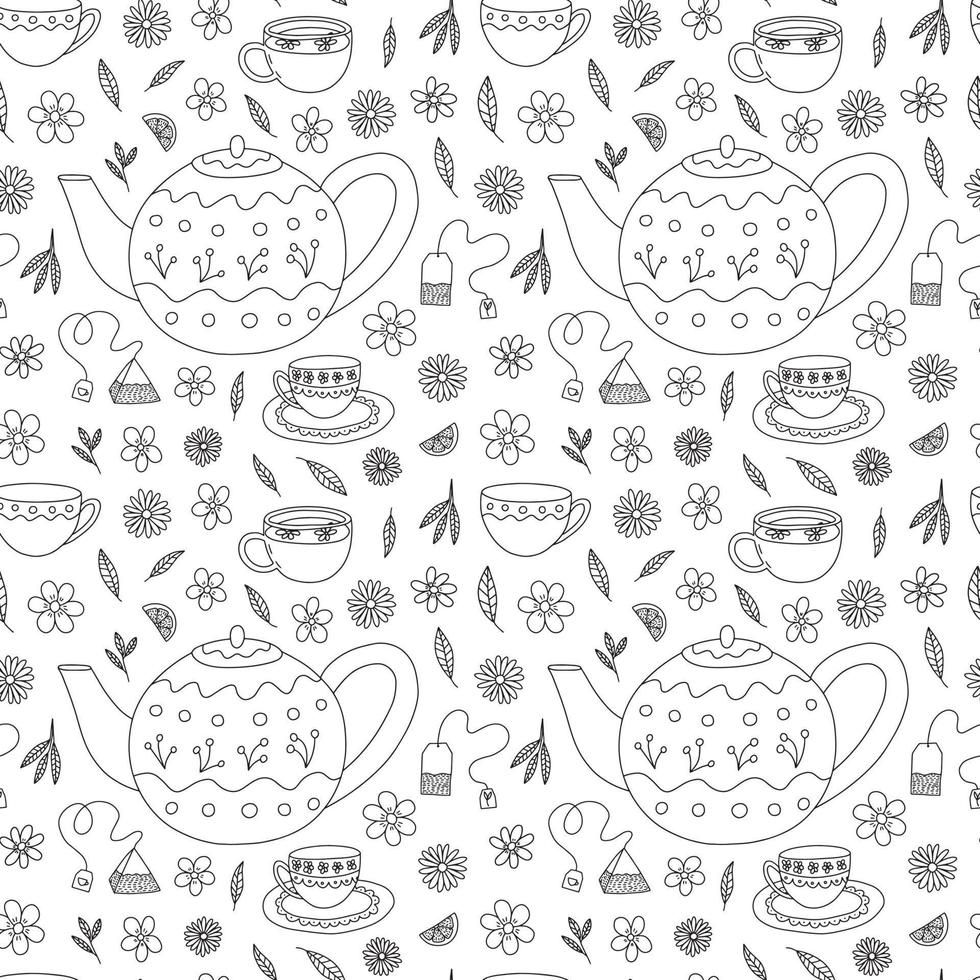 vector thee cups en theepot naadloos patroon. hand- getrokken tekening thee ceremonie patroon