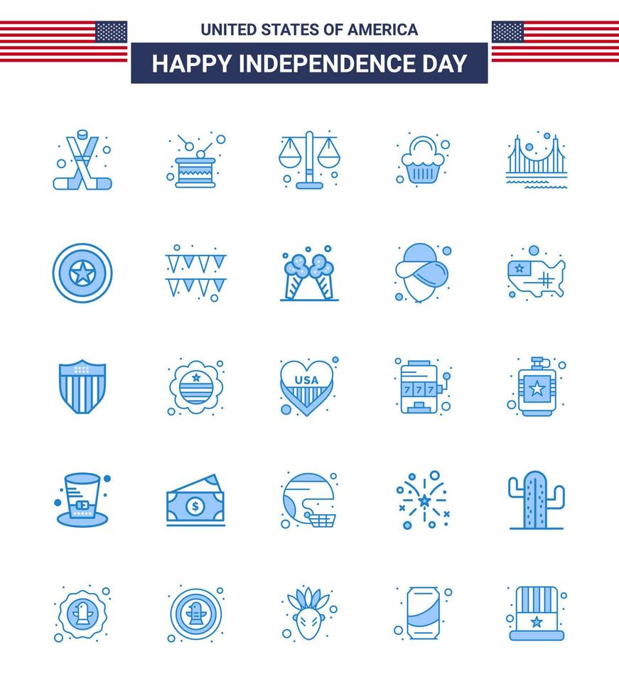 Verenigde Staten van Amerika onafhankelijkheid dag blauw reeks van 25 Verenigde Staten van Amerika pictogrammen van viering partij onafhankelijkheid taart wet bewerkbare Verenigde Staten van Amerika dag vector ontwerp elementen