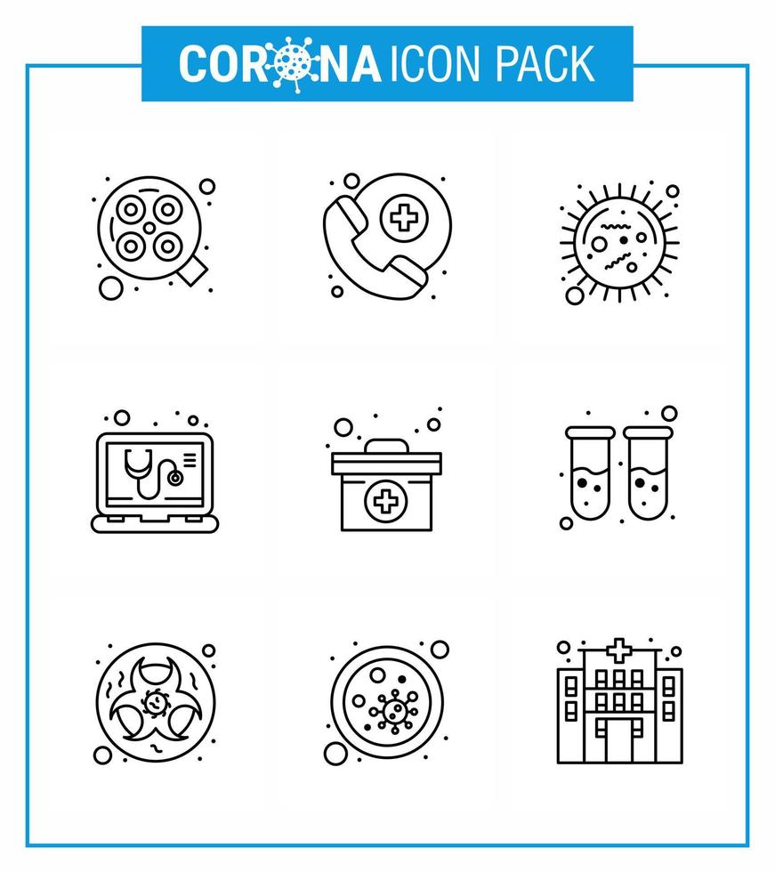 coronavirus bewustzijn icoon 9 lijn pictogrammen icoon inbegrepen medisch onderhoud bacterie online controleren virale coronavirus 2019november ziekte vector ontwerp elementen