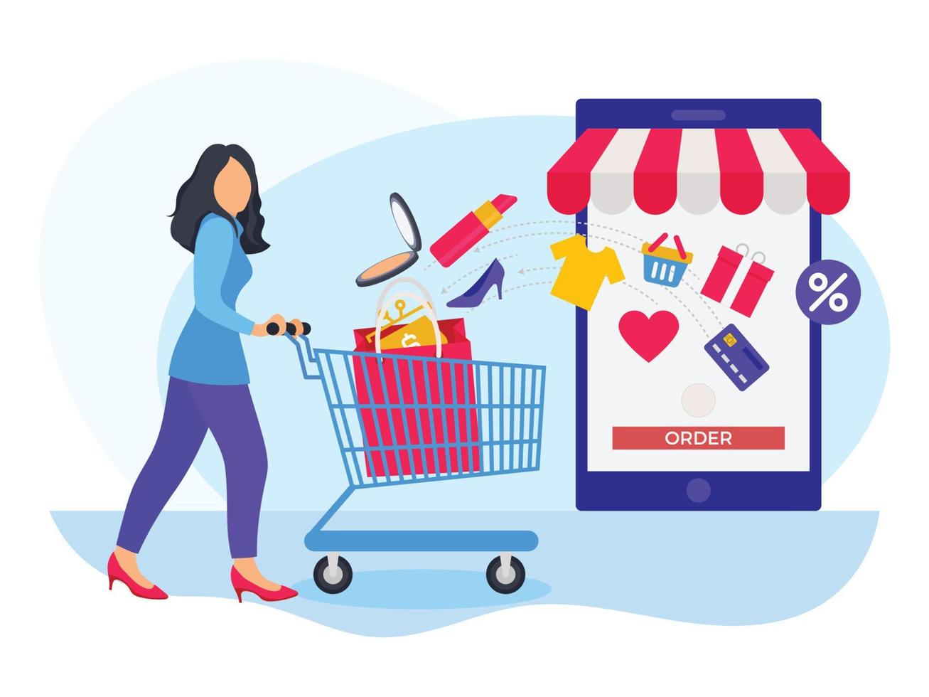 vrouw bestellen items van kar in online boodschappen doen website illustratie. vector