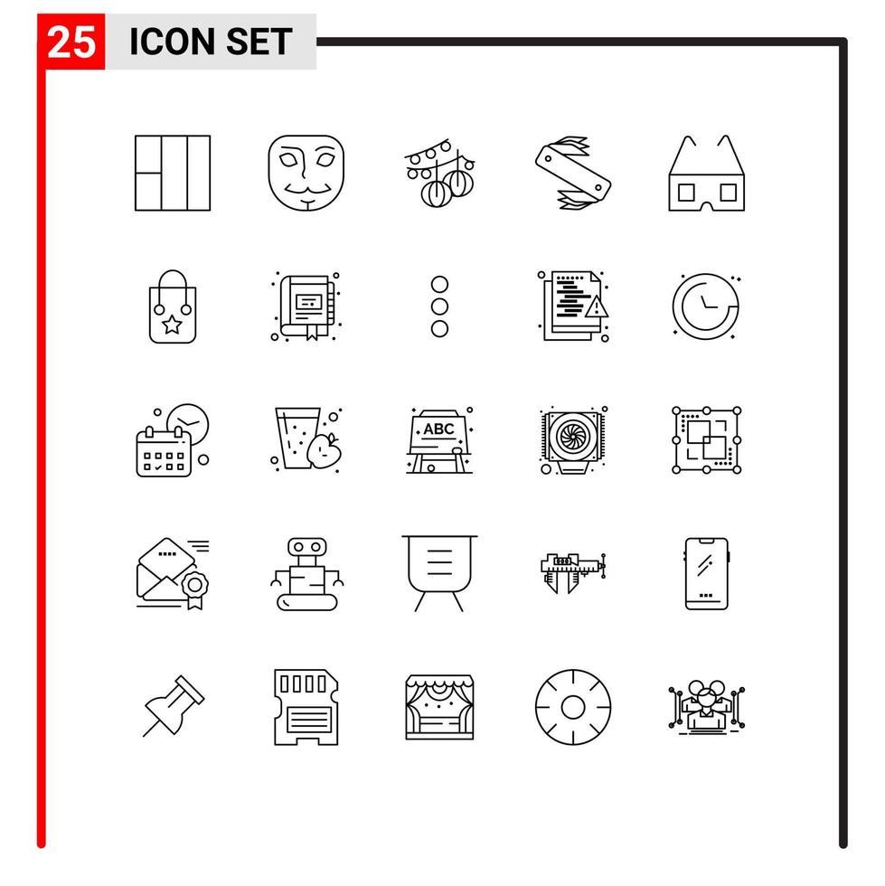 25 universeel lijnen reeks voor web en mobiel toepassingen handtas bril lantaarn bioscoop Zwitsers bewerkbare vector ontwerp elementen
