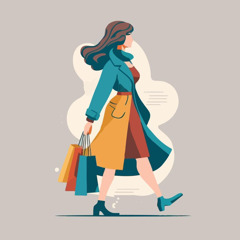 modieus vrouw boodschappen doen draag- Tassen. concept van boodschappen doen verslaving, shopaholic vector vlak stijl illustratie