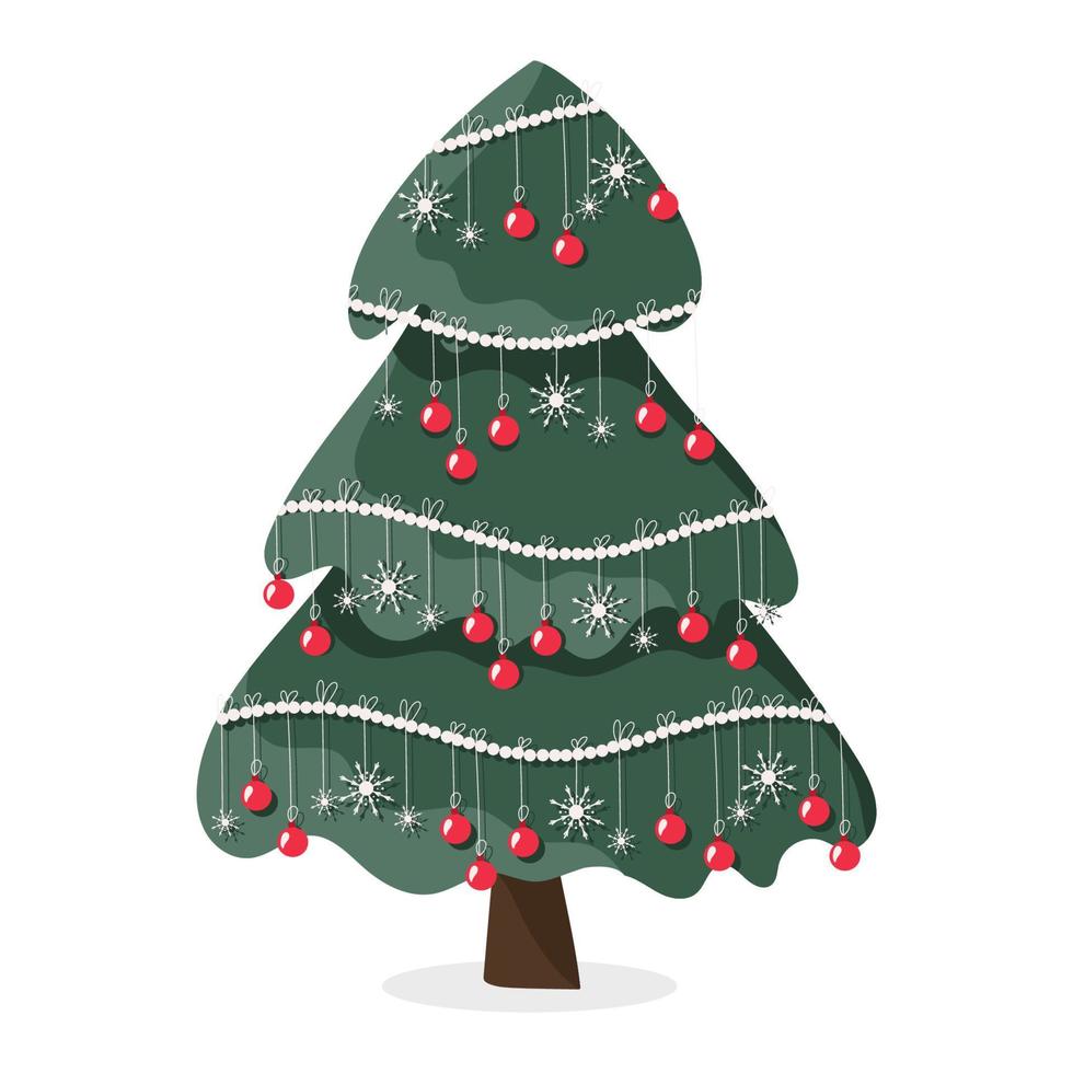 Kerstmis boom versierd met kleurrijk slingers, rood ballen en sneeuwvlokken. vlak vector illustratie geïsoleerd Aan wit.
