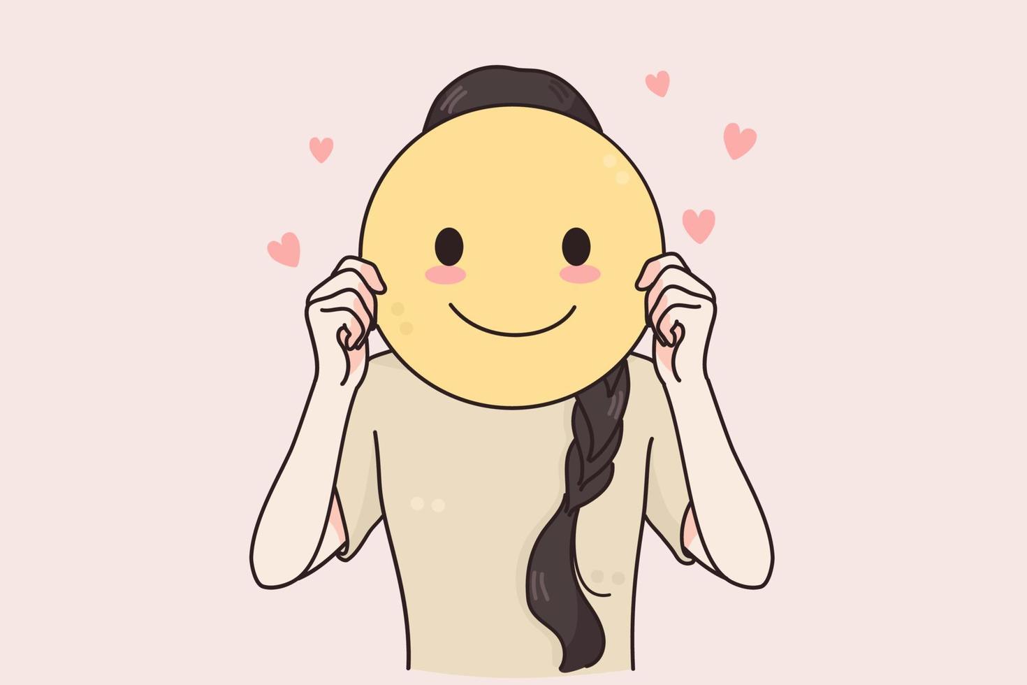 positief emoties, geluk, emoji concept. vrolijk positief vrouw staand en Holding glimlachen emoticon icoon over- gezicht uitdrukken liefde en soort gevoelens vector illustratie