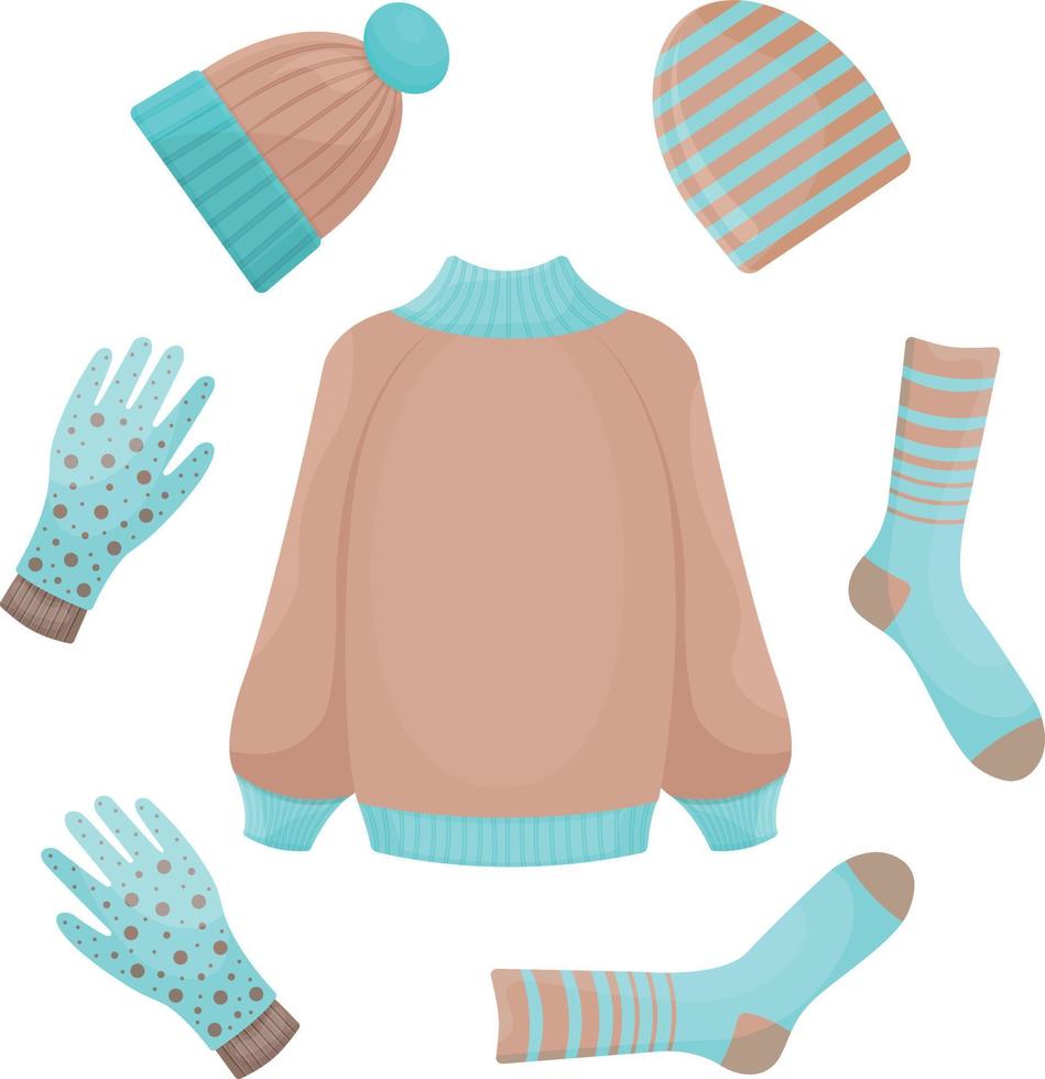 een helder herfst winter reeks met warm kleren, zo net zo een trui,sokken, handschoenen en hoeden. warm kleren voor wandelen in verkoudheid het weer. mode set, vector illustratie geïsoleerd Aan een wit achtergrond