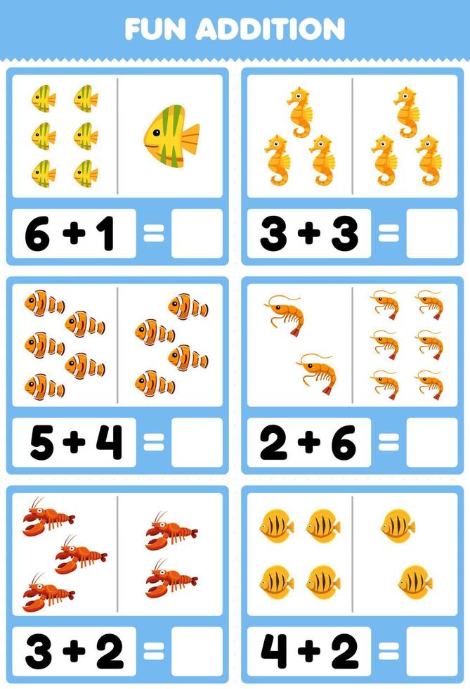 onderwijs spel voor kinderen pret toevoeging door tellen en som van schattig tekenfilm vis zeepaardje garnaal kreeft afdrukbare onderwater- werkblad vector