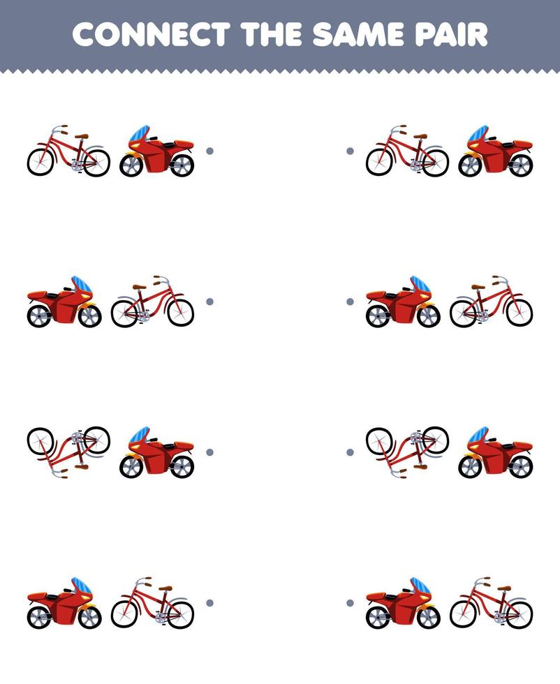 onderwijs spel voor kinderen aansluiten de dezelfde afbeelding van schattig tekenfilm fiets en motor paar- afdrukbare vervoer werkblad vector