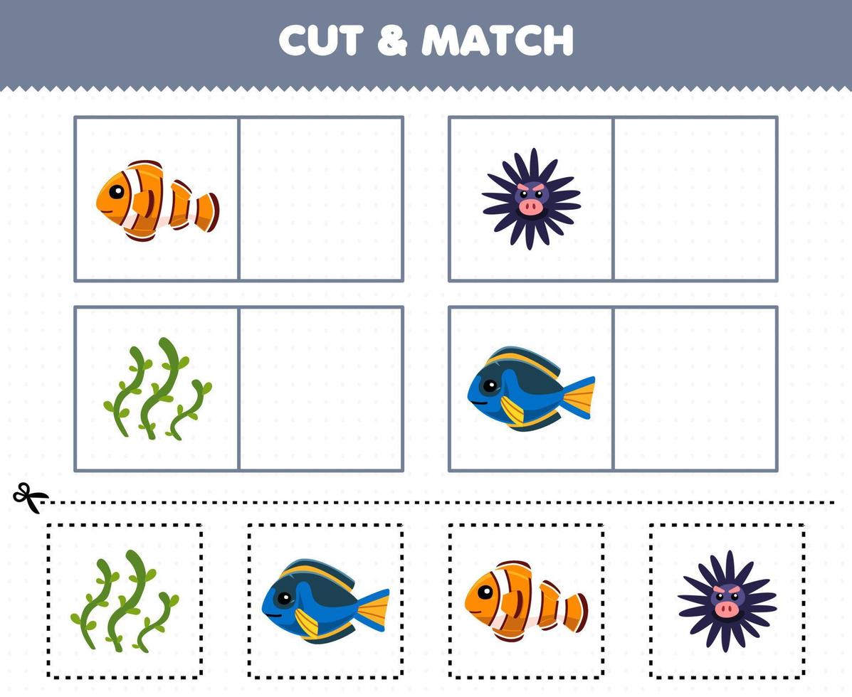 onderwijs spel voor kinderen besnoeiing en bij elkaar passen de dezelfde afbeelding van schattig tekenfilm zeewier vis egel afdrukbare onderwater- werkblad vector