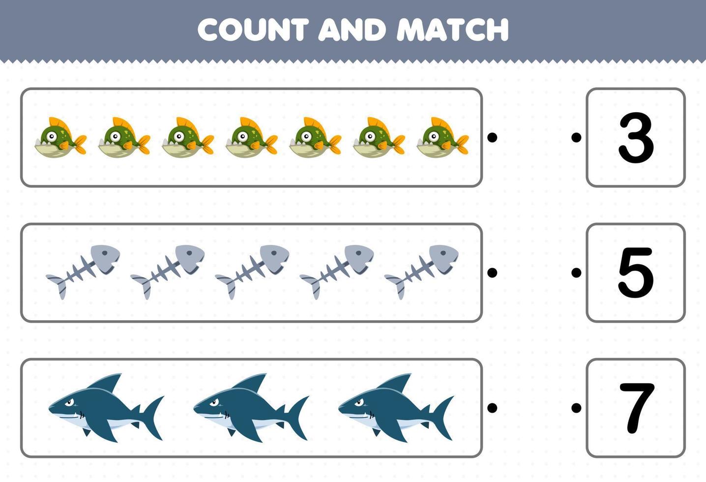 onderwijs spel voor kinderen tellen de aantal van schattig tekenfilm piranha vis bot haai en bij elkaar passen met de Rechtsaf getallen afdrukbare onderwater- werkblad vector