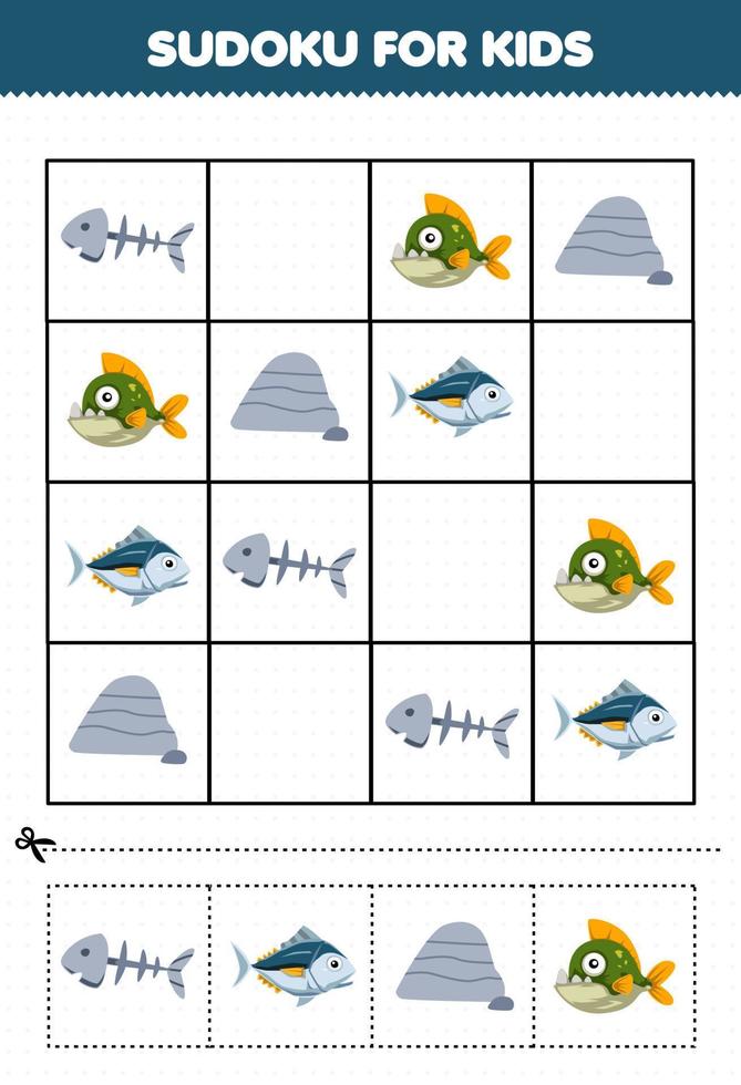 onderwijs spel voor kinderen sudoku voor kinderen met schattig tekenfilm bot tonijn rots piranha afdrukbare onderwater- werkblad vector