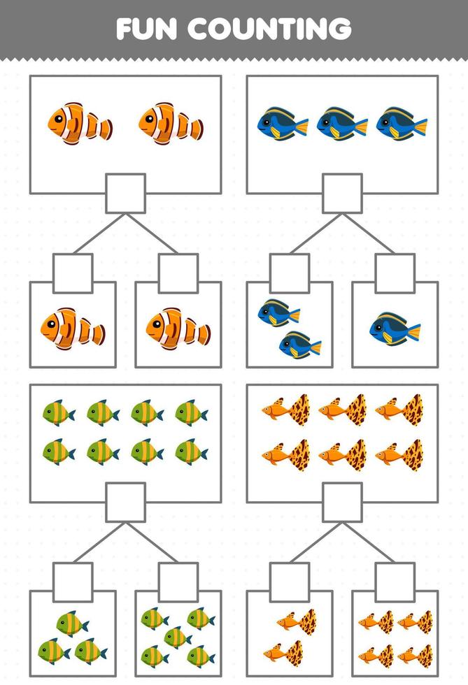 onderwijs spel voor kinderen pret tellen afbeelding in elk doos van schattig tekenfilm vis afdrukbare onderwater- werkblad vector