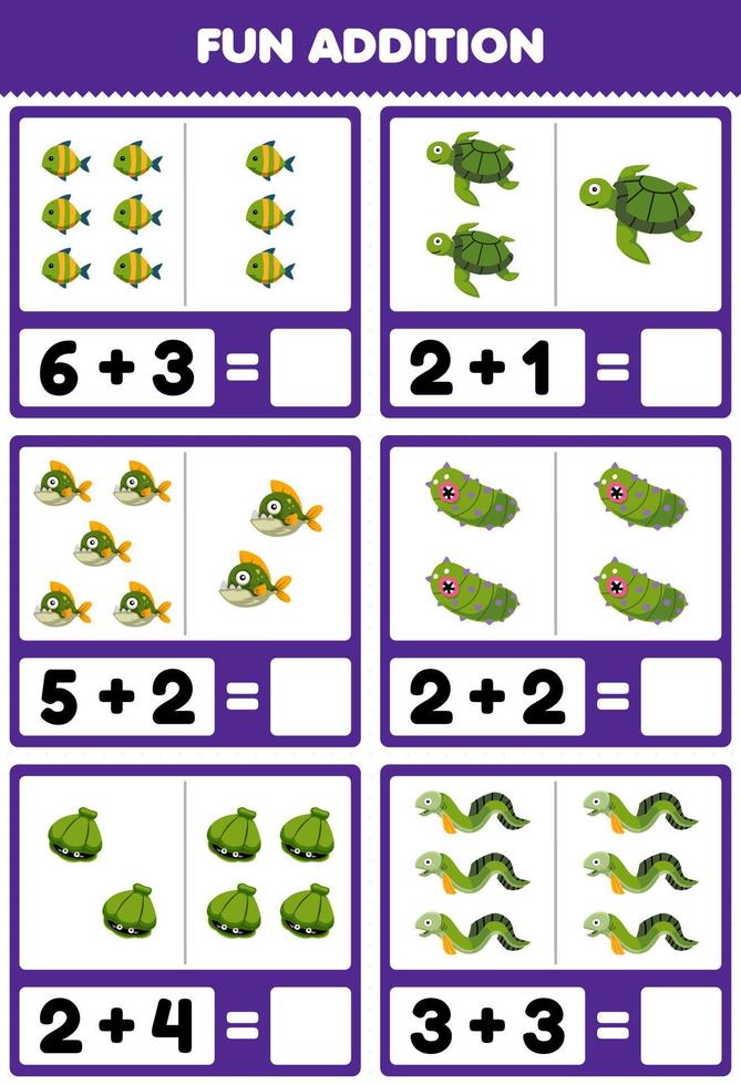 onderwijs spel voor kinderen pret toevoeging door tellen en som van schattig tekenfilm vis schildpad piranha zee komkommer schelp paling afdrukbare onderwater- werkblad vector