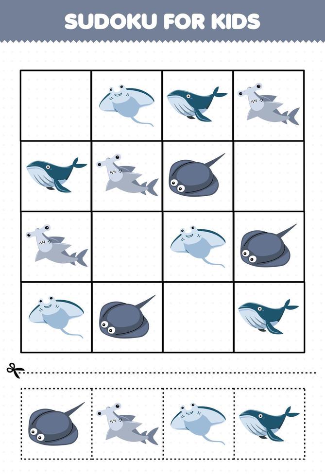 onderwijs spel voor kinderen sudoku voor kinderen met schattig tekenfilm pijlstaartrog hamer haai manta walvis afdrukbare onderwater- werkblad vector