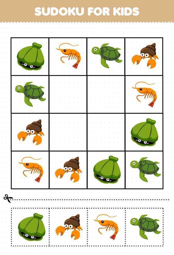 onderwijs spel voor kinderen sudoku voor kinderen met schattig tekenfilm schelp kluizenaar krab garnaal schildpad afdrukbare onderwater- werkblad vector