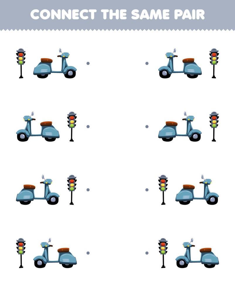 onderwijs spel voor kinderen aansluiten de dezelfde afbeelding van schattig tekenfilm scooter en verkeer lamp paar- afdrukbare vervoer werkblad vector