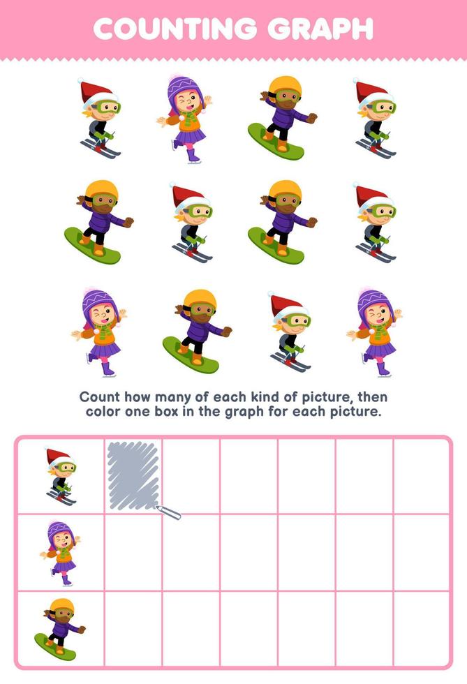 onderwijs spel voor kinderen tellen hoe veel schattig tekenfilm jongen en meisje spelen ski snowboard ijs het schaatsen vervolgens kleur de doos in de diagram afdrukbare winter werkblad vector