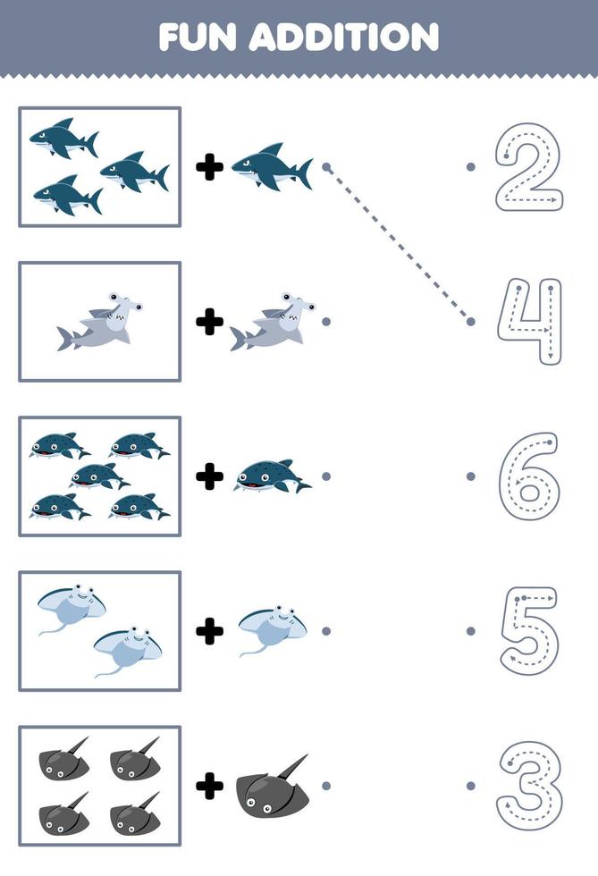 onderwijs spel voor kinderen pret tellen en toevoegen een meer tekenfilm hamer haai manta pijlstaartrog vervolgens Kiezen de correct aantal onderwater- werkblad vector