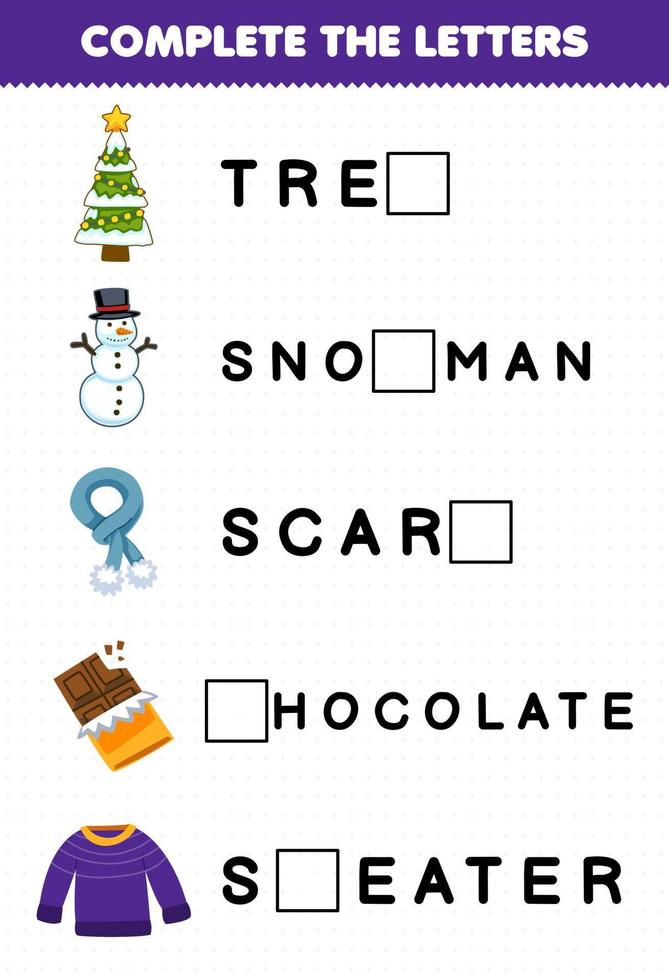 onderwijs spel voor kinderen compleet de brieven van schattig tekenfilm boom sneeuwman sjaal chocola trui afdrukbare winter werkblad vector