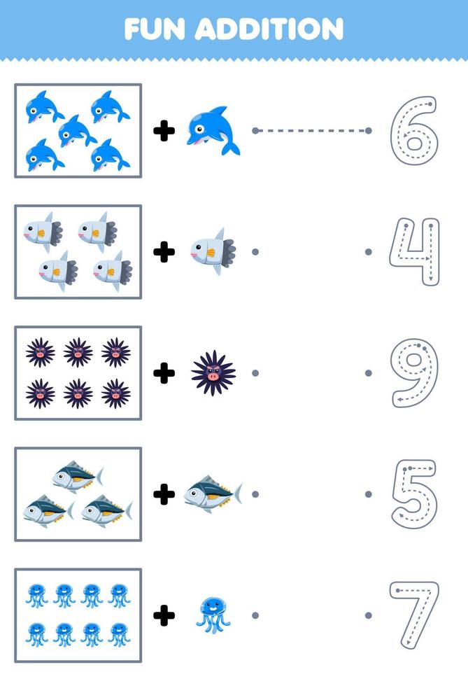 onderwijs spel voor kinderen pret tellen en toevoegen een meer tekenfilm dolfijn maanvis egel vis kwal vervolgens Kiezen de correct aantal onderwater- werkblad vector