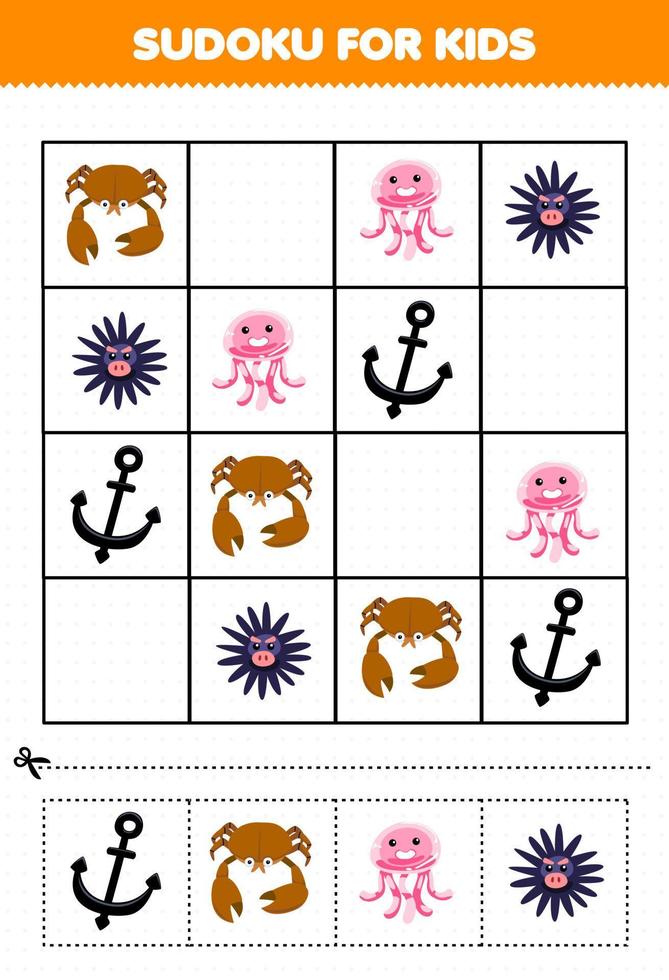 onderwijs spel voor kinderen sudoku voor kinderen met schattig tekenfilm krab kwal egel anker afdrukbare onderwater- werkblad vector