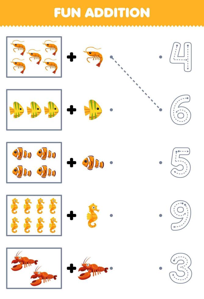 onderwijs spel voor kinderen pret tellen en toevoegen een meer tekenfilm garnaal vis zeepaardje kreeft vervolgens Kiezen de correct aantal onderwater- werkblad vector