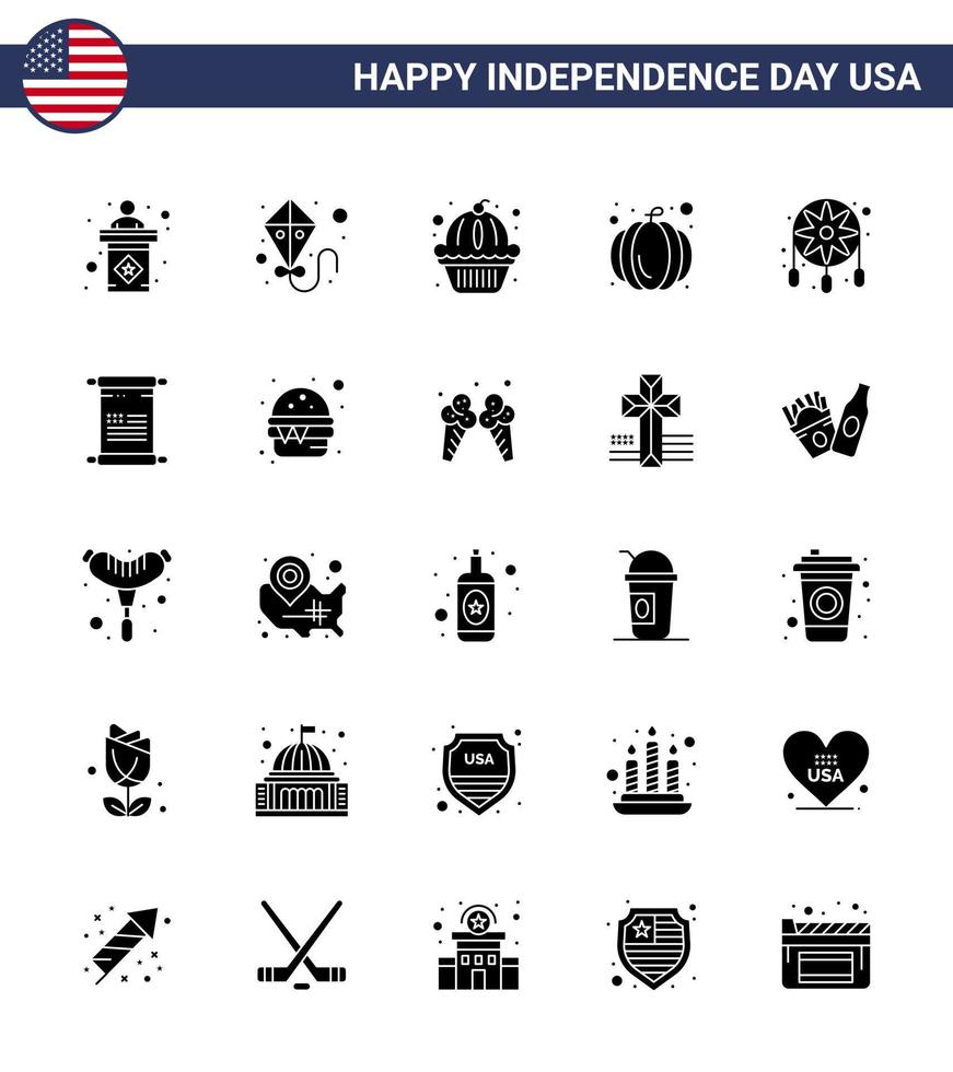 gelukkig onafhankelijkheid dag Verenigde Staten van Amerika pak van 25 creatief solide glyph van western decoratie muffin versiering pompoen bewerkbare Verenigde Staten van Amerika dag vector ontwerp elementen