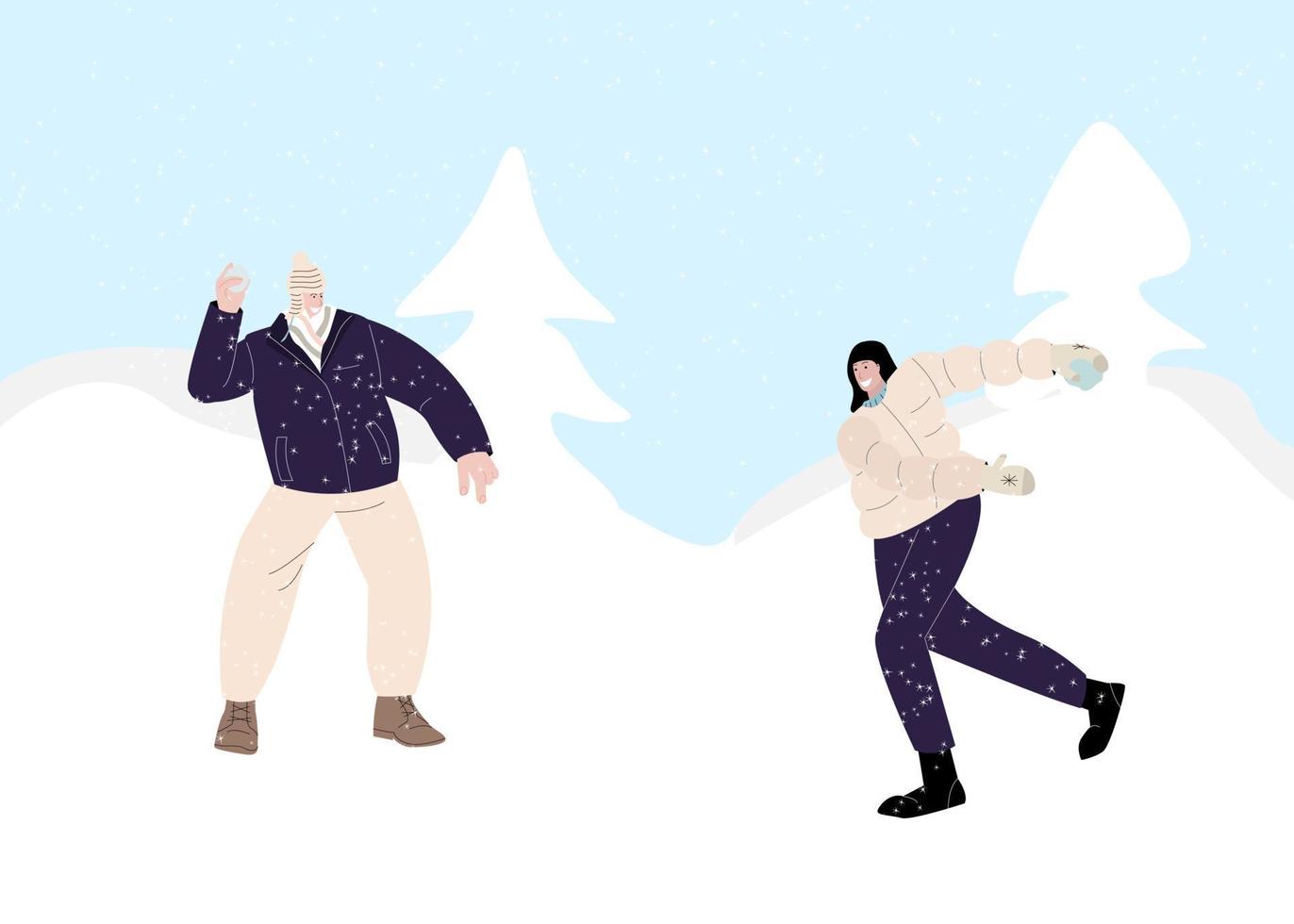 paar mensen vrouw en een Mens Speel sneeuwballen pret spel in winter sneeuw landschap illustratie. tekenfilm vriend tekens spelen buitenshuis, genieten van vorst verkoudheid het weer. winter gezond werkzaamheid concept vector