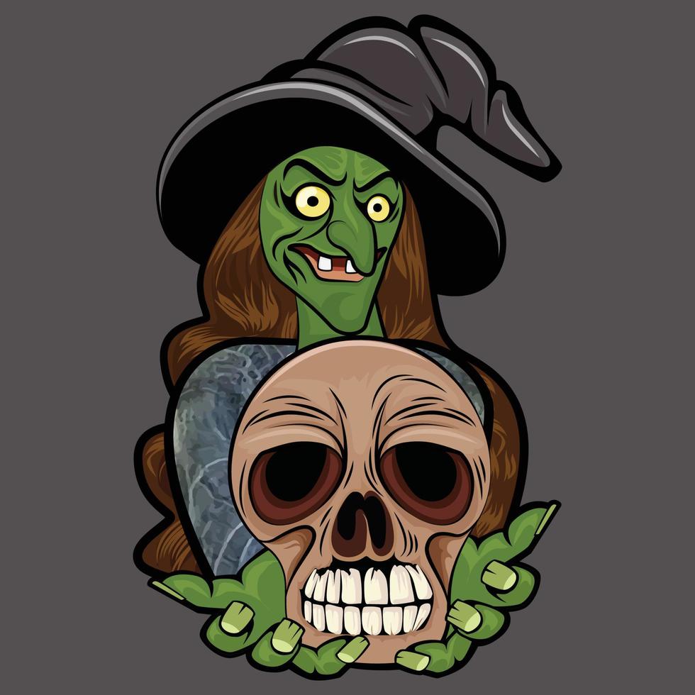 halloween heks monster en schedel illustratie. vector