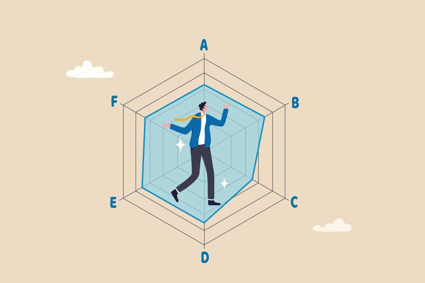 evaluatie voor kandidaat of prestatie opnieuw bekijken, Oppervlakte naar verbeteren of beoordeling scoren, vaardigheid of meting naar analyseren personeel naar fit in baan concept, zakenman met partituur Aan spin radar tabel diagram. vector