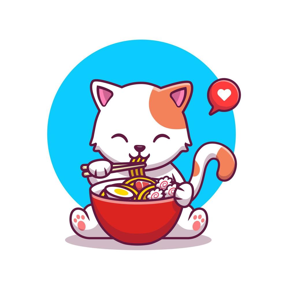 schattige kat eten noodle met eetstokje cartoon vector pictogram illustratie. dierlijk voedsel pictogram concept geïsoleerde premium vector. platte cartoonstijl