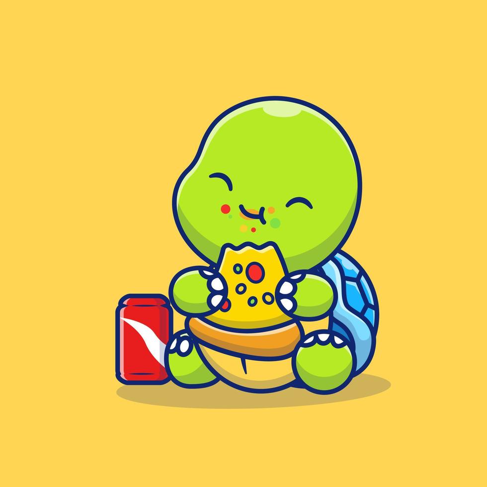 schattig schildpad aan het eten pizza met Frisdrank tekenfilm vector icoon illustratie. dier voedsel icoon concept geïsoleerd premie vector. vlak tekenfilm stijl