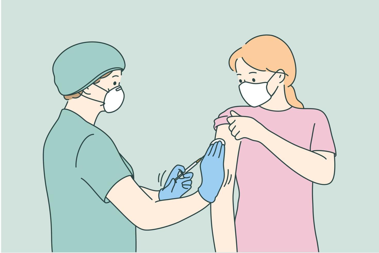 vrouw dokter in beschermend medisch masker en uniform Holding injectiespuit voordat maken injectie naar jong vrouw geduldig in medisch kliniek. vaccinatie, covid-19 coronavirus vaccin concept vector