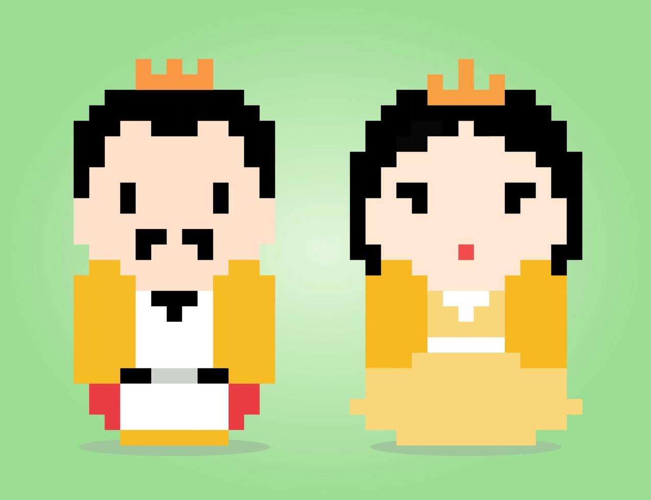 8-bit pixels koning en koningin. mensen in vectorillustratie vector