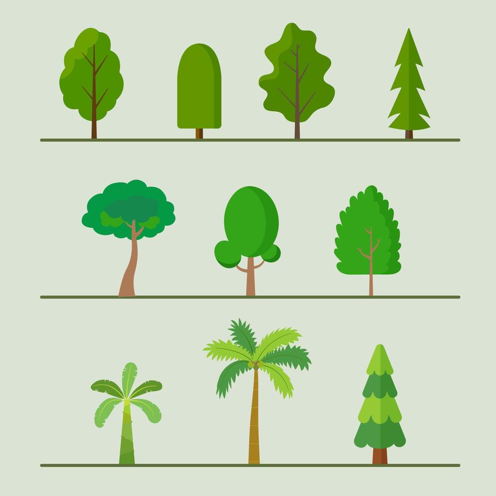 bomen vlak vector set.planten element collectie.tropisch natuur object.palm boom, banaan boom en pijnboom