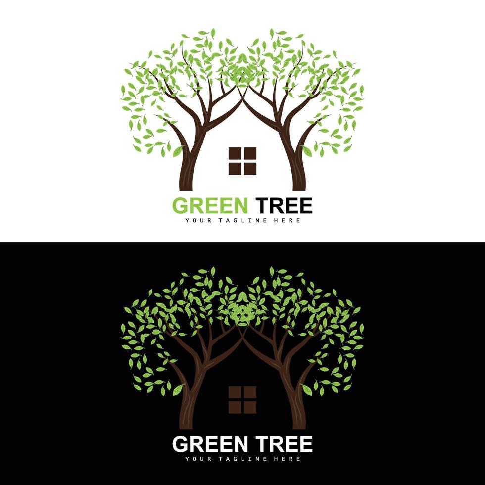 boom logo, groen bomen en hout ontwerp, Woud illustratie, bomen kinderen spellen vector