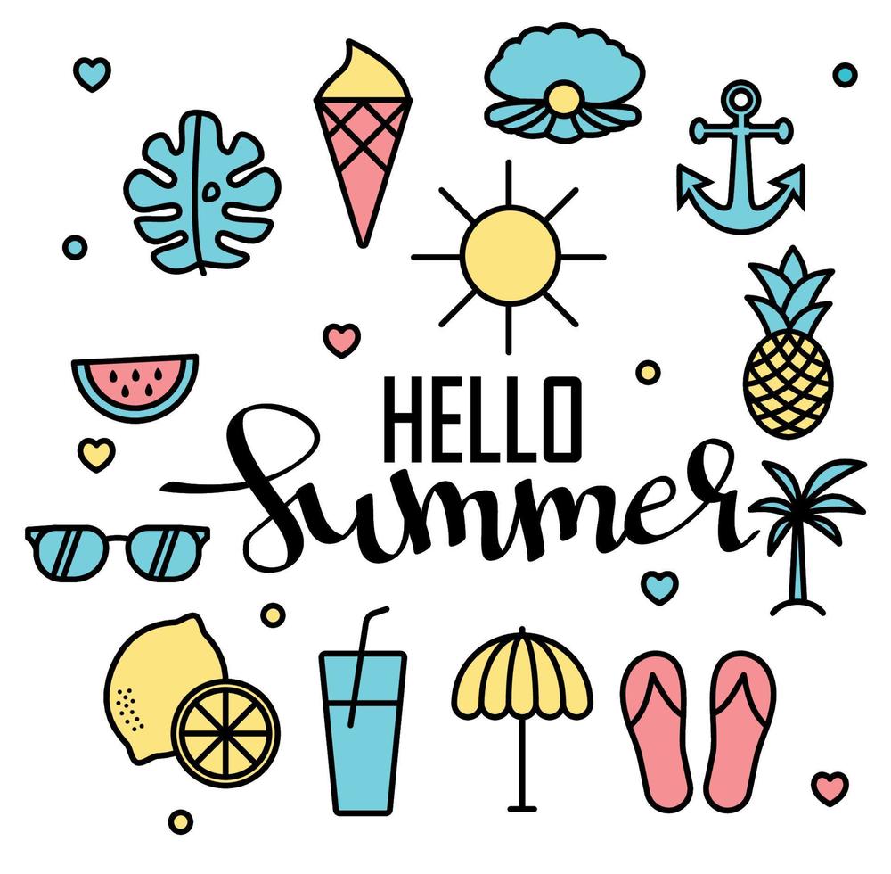 Hallo zomer vector illustratie, achtergrond. pret citaat hipster ontwerp logo of label. hand- belettering inspirerend typografie poster, spandoek.