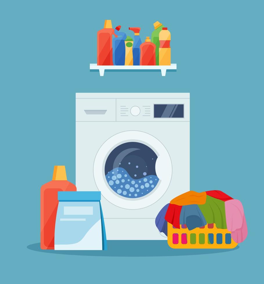 het wassen machine, wasserij mand en schoonmaak producten. vector illustratie in vlak stijl.