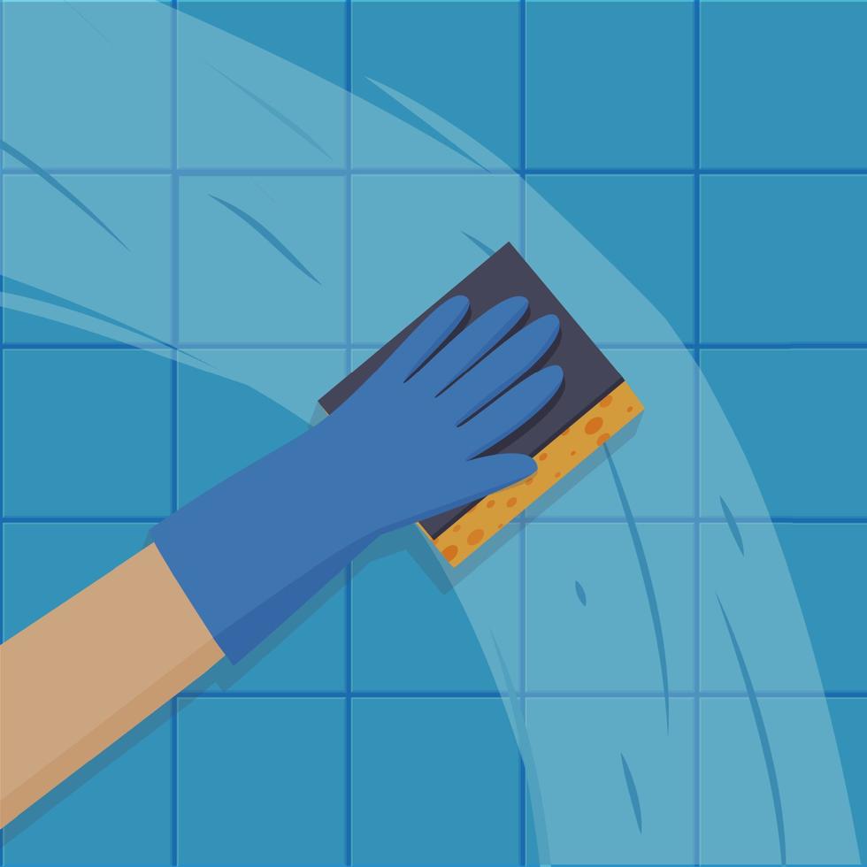 een gehandschoende hand- houdt een washandje. schoonmaak onderhoud. vector illustratie in vlak stijl eps 10