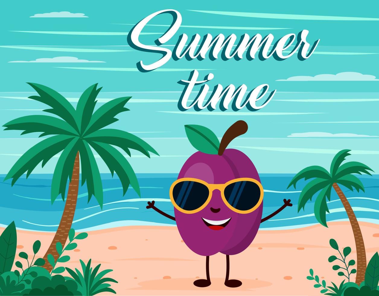 grappig zomer strand achtergrond met Pruim fruit karakter. tekenfilm stijl. zomer tijd ansichtkaart vector