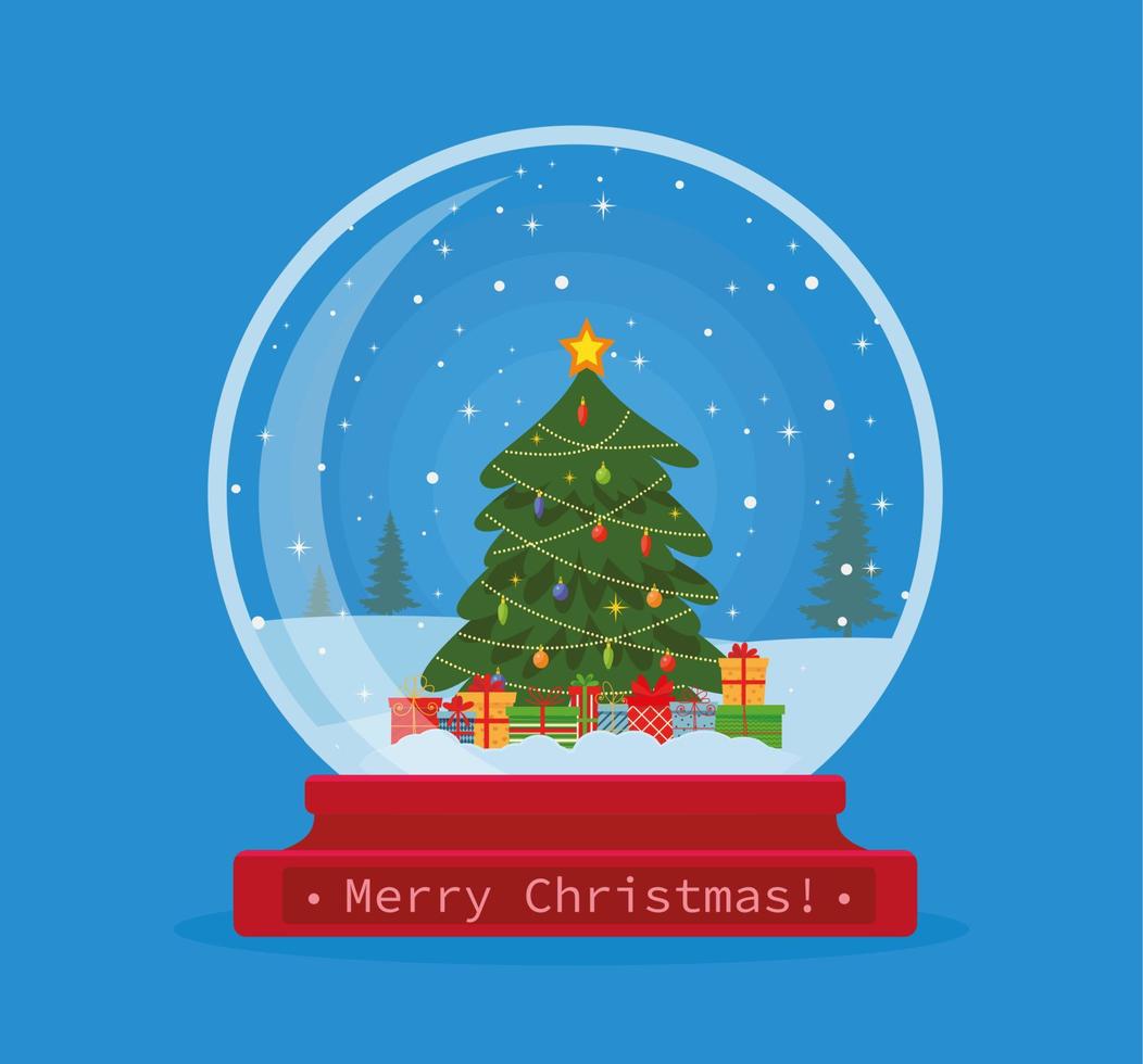 Kerstmis sneeuw wereldbol met Kerstmis boom en cadeaus binnen. vrolijk kerstmis. vieren nieuw jaar en kerstmis. vector illustratie in vlak stijl