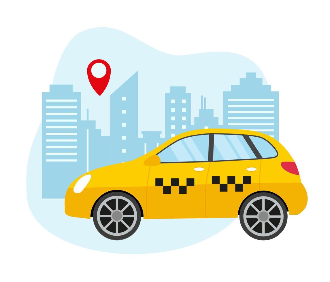 geel taxi. handen met smartphone en taxi app in de stad. taxi onderhoud concept. vector illustratie in vlak stijl