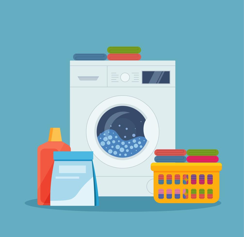 het wassen machine, wasserij mand en schoonmaak producten. vector illustratie in vlak stijl.