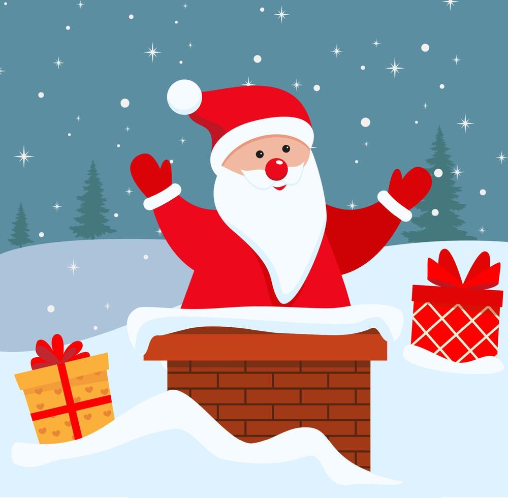 vector tekenfilm illustratie van schattig de kerstman claus Aan de schoorsteen. Kerstmis groet kaart vector illustratie ontwerp