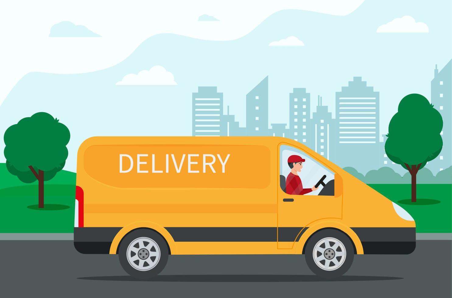 vrij huis levering onderhoud door bestelwagen. geel auto met stack van pakket dozen Aan stad weg achtergrond. vlak stijl vector illustratie.