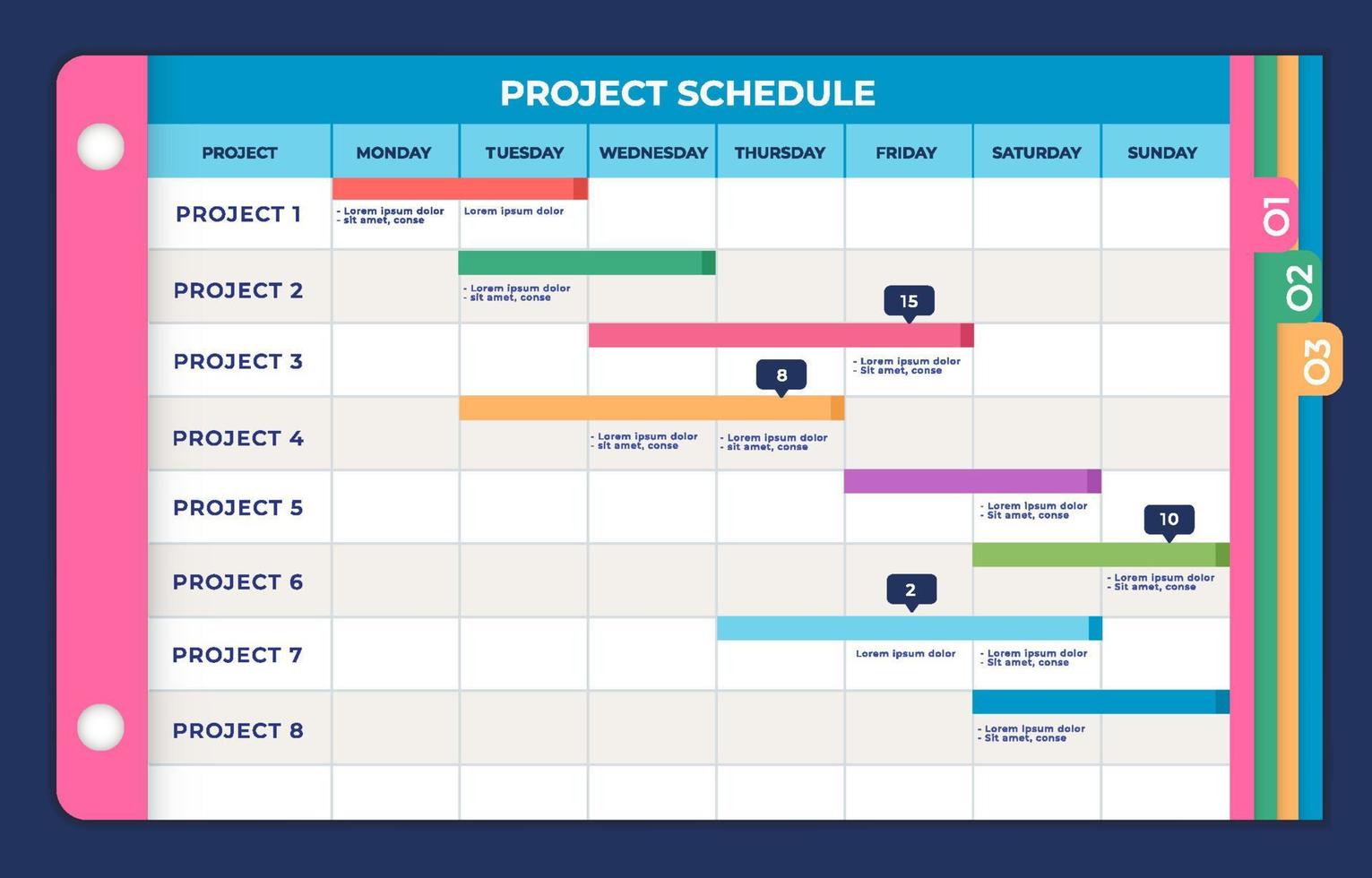 blauw kleurrijk wekelijks tijdlijn tamplates naar organiseren project schema vector