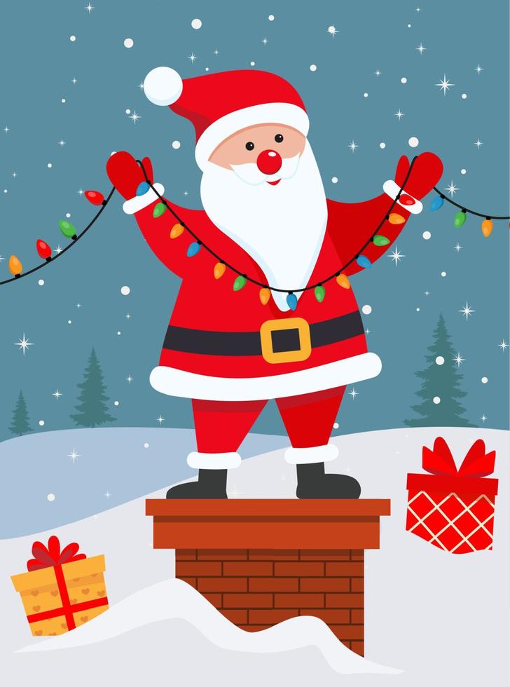 vector tekenfilm illustratie van schattig de kerstman claus Aan de schoorsteen. Kerstmis groet kaart vector illustratie ontwerp