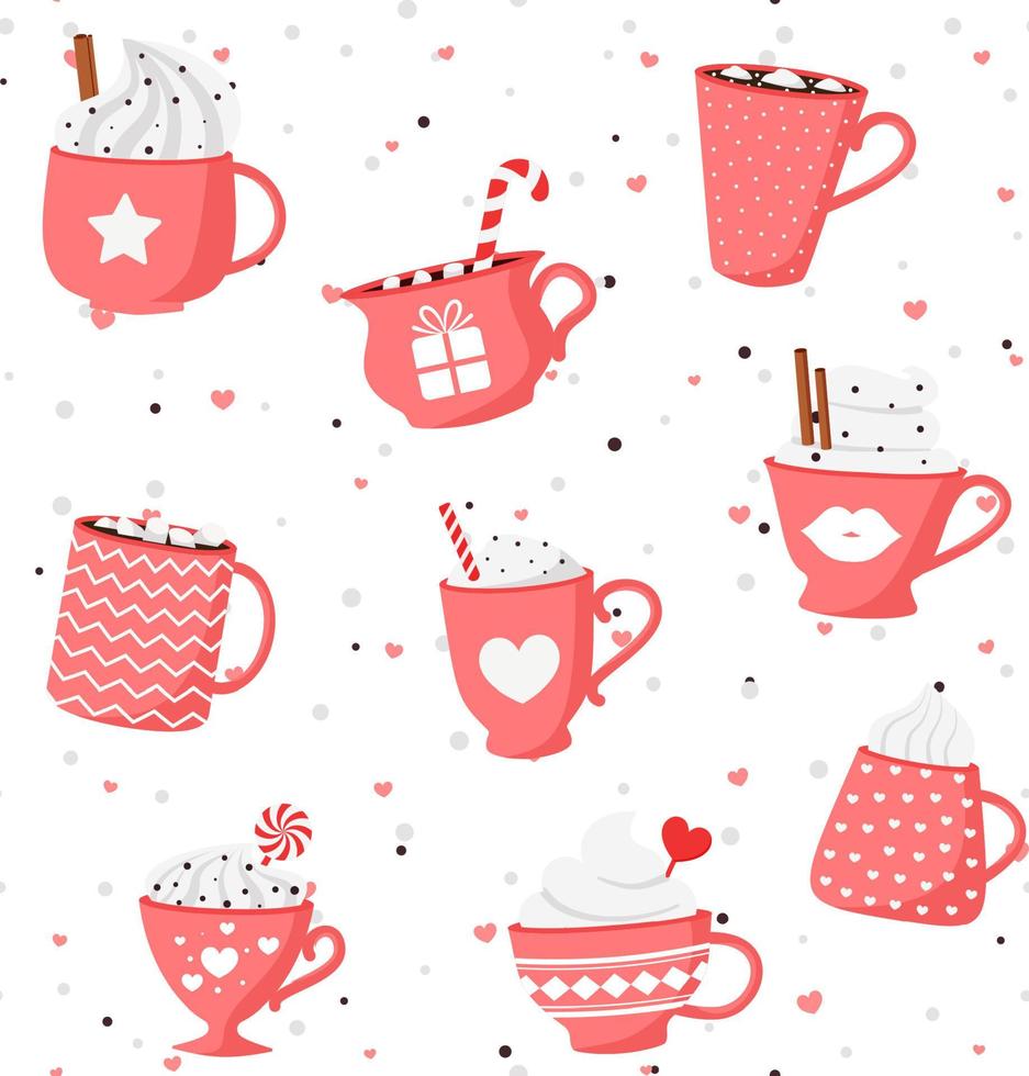 Valentijn romantisch naadloos patroon met verzameling van heet drankjes met schattig kopjes, mokken, harten, koffie, cacao. vector